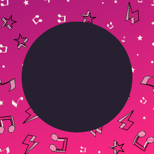 Black circle with stars and musical notes in the background.