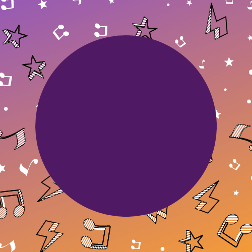 Dark purple circle with stars and musical notes in the background.