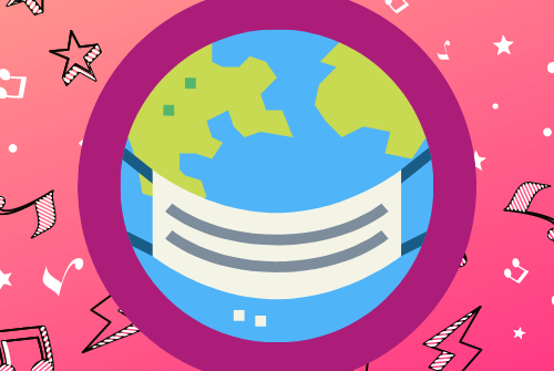 Earth with mask on pink background with music notes and stares