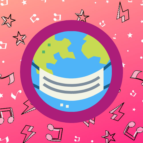 Earth with mask on pink background with music notes and stares
