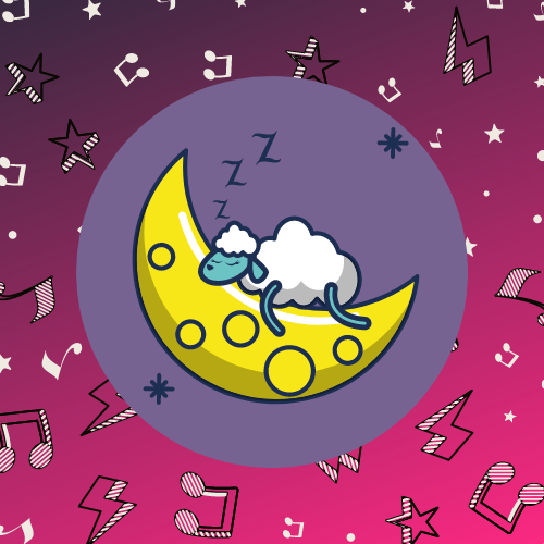 Sheep asleep on a crescent moon image with stars and musical notes in the background.