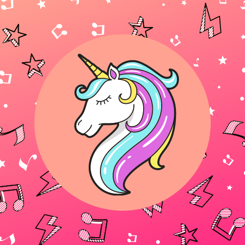 Unicorn image with stars and musical notes in the background.