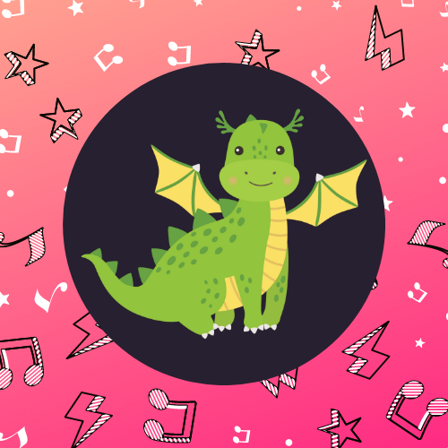 Dragon image with stars and musical notes in the background.