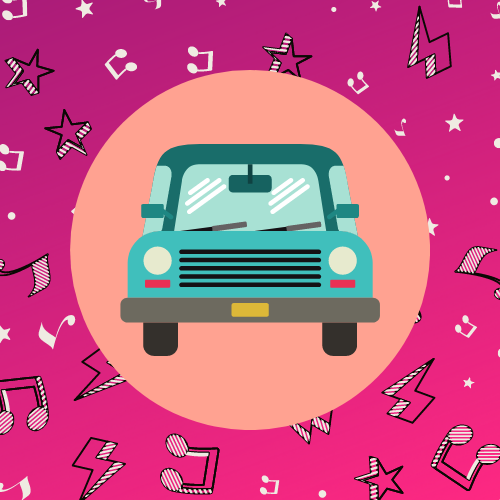 Car image with stars and musical notes in the background.