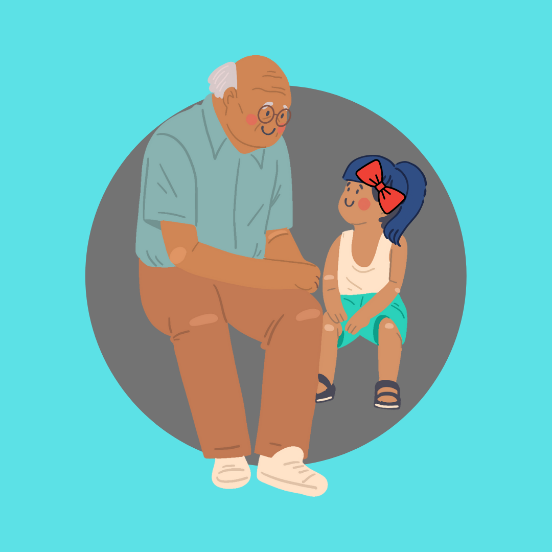 Grandpa and girl on gray and teal background