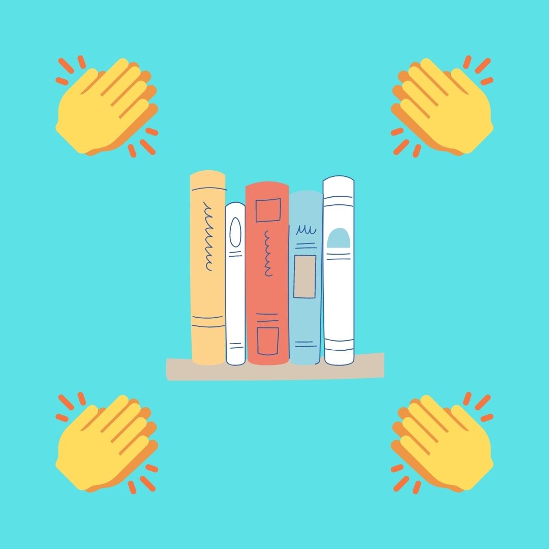 clapping hands around a bookshelf on a teal background
