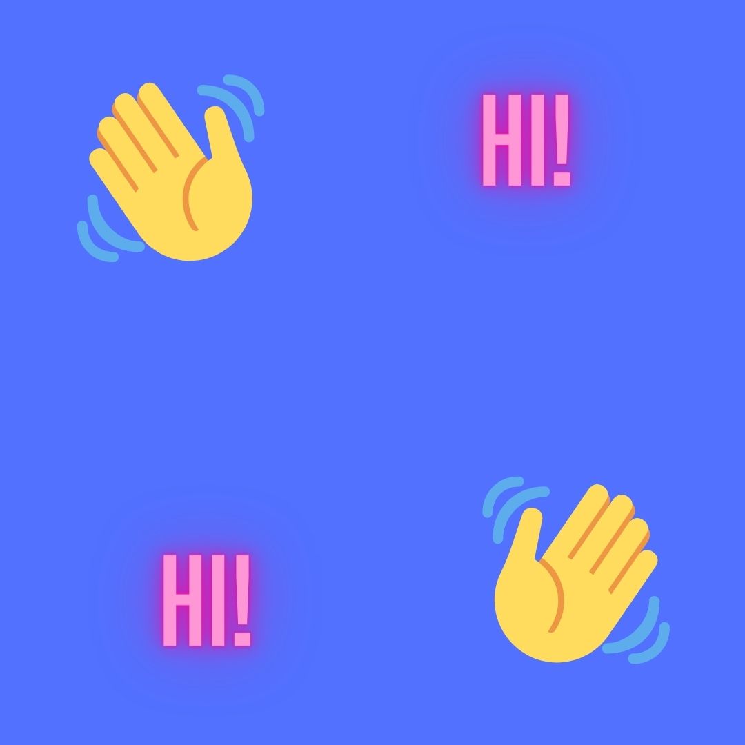 waving hands and Hi! on a periwinkle background