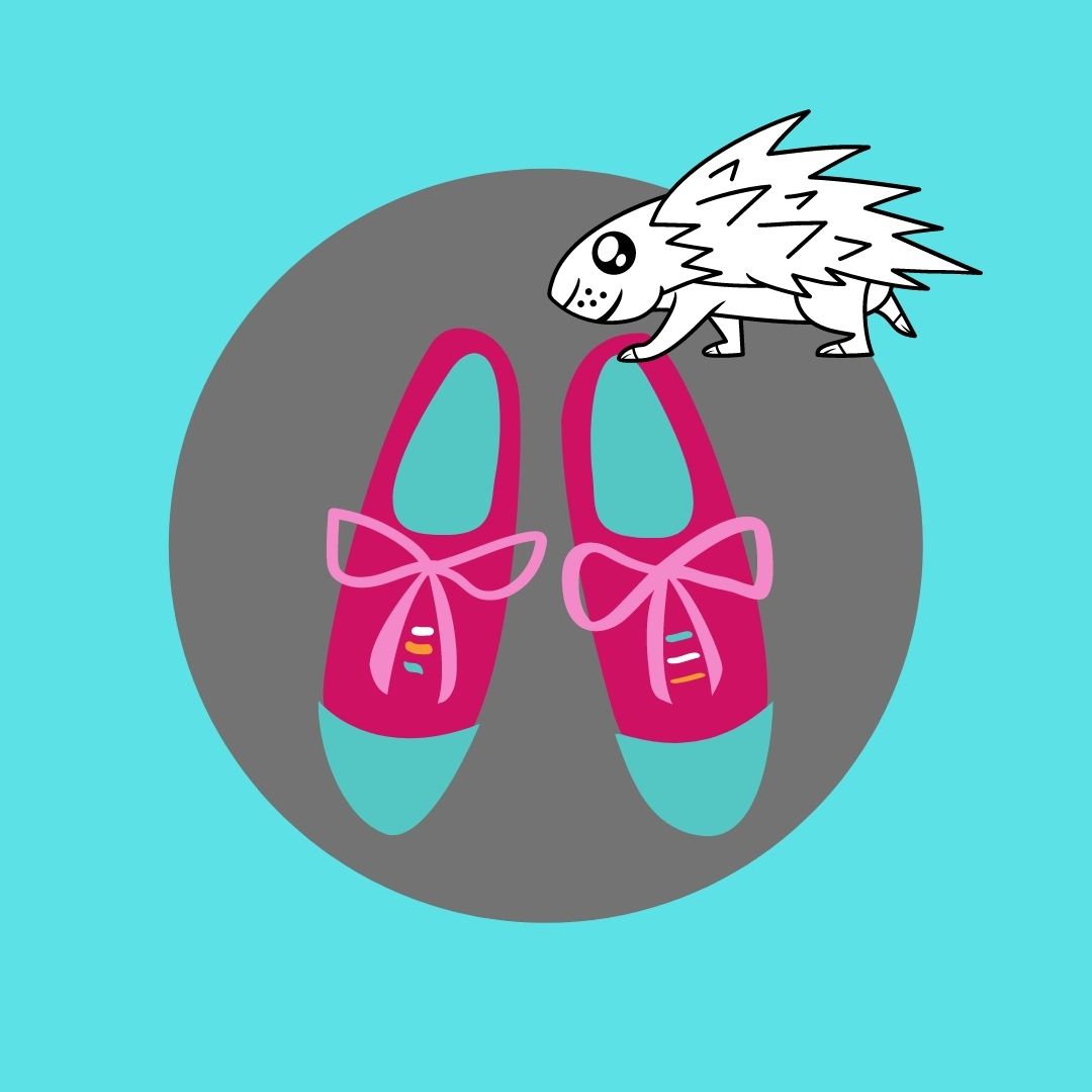 white porcupine and pink shoes on a gray and teal background