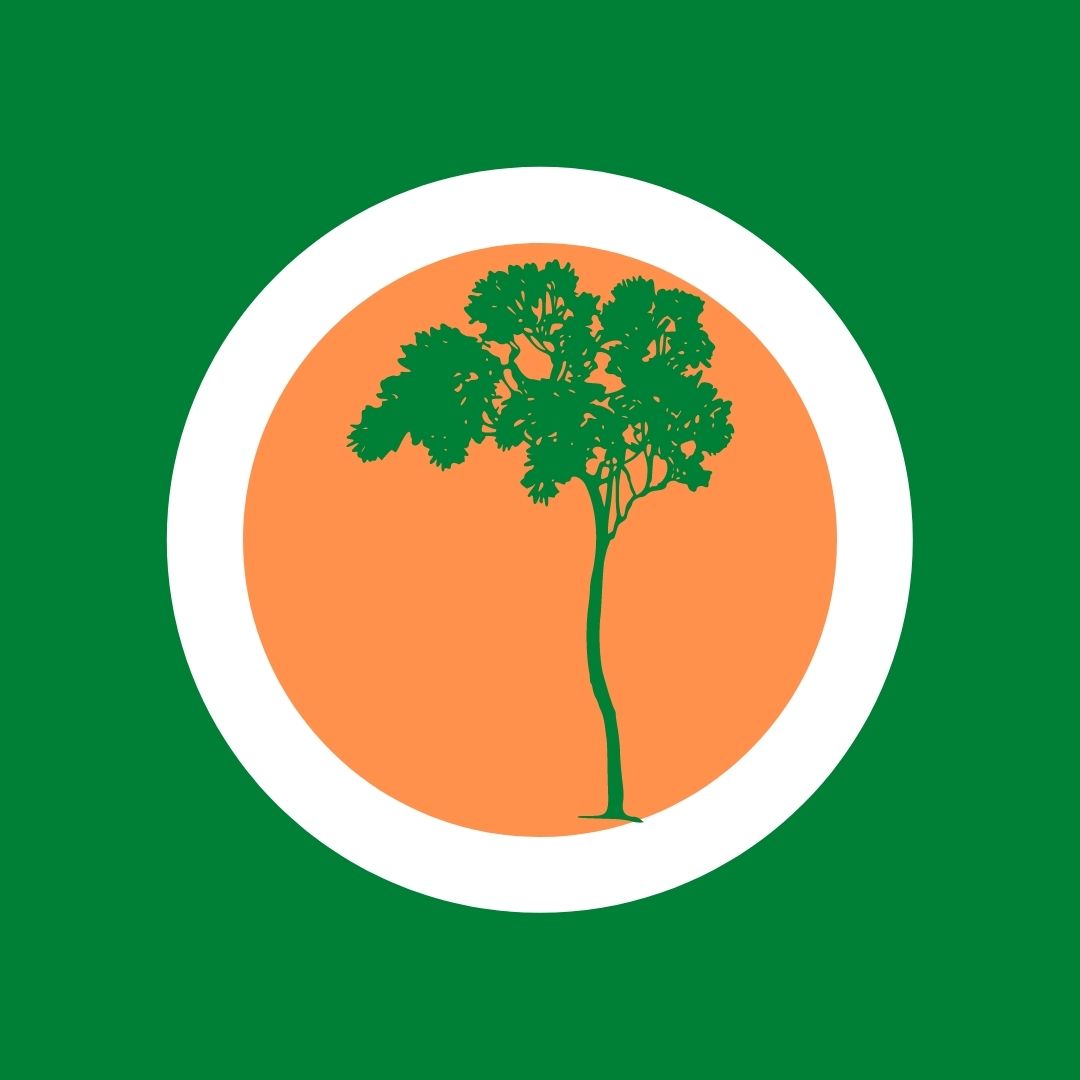 green, white, orange background with green tree