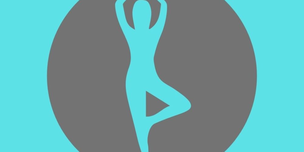 teal silhouette stretching on gray and teal background