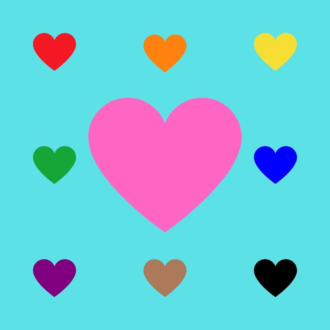 multicolored hearts on a teal background