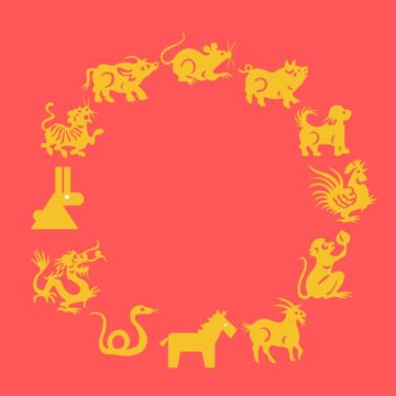 twelve animals of the Chinese Zodiac in yellow on a red background