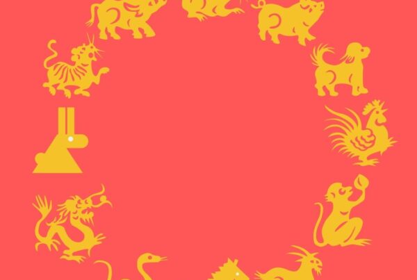 twelve animals of the Chinese Zodiac in yellow on a red background