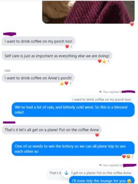 Facebook chat about drinking coffee and visiting each other. 