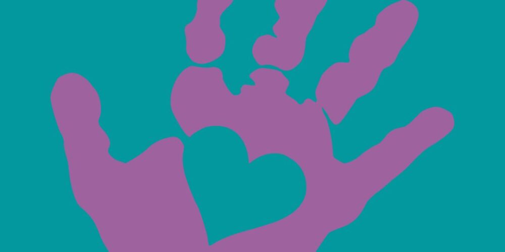 purple handprint with teal heart