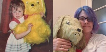 A girl and her soft toy dog as children, and adults. 