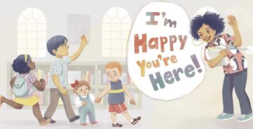 Drawing of Mychal Threets, a Black librarian, welcoming children into the library. There is a speech bubble with the words "I'm So Happy You're Here!"