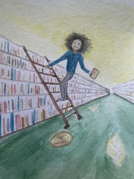 A children's drawing of Mychal Threets, a Black librarian, on a library ladder, shelving library books. 