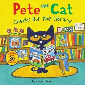 Book cover of Pete the Cat Checks Out the Library.