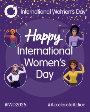 Happy International Women's Day - with a purple background. Surrounding the words are four circles with illustrations of a woman in each. The women are multicultural, with some in hijab, and some with afros. 